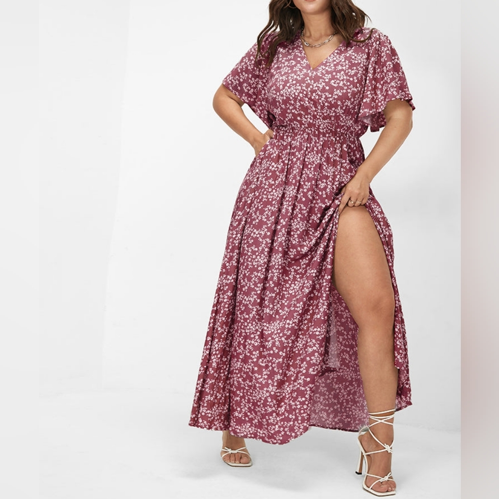 BLOOMCHIC Bloom Flutter Sleeve Ditsy Floral Pocket Split Maxi Dress Pink Plus 18